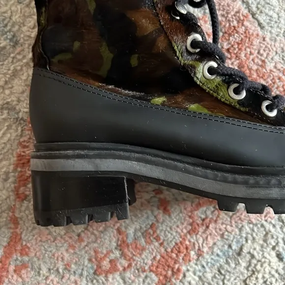 Schutz Camo Combat Boots Size 6B Calf Hair Black Waterproof Lace Up Heeled Boots