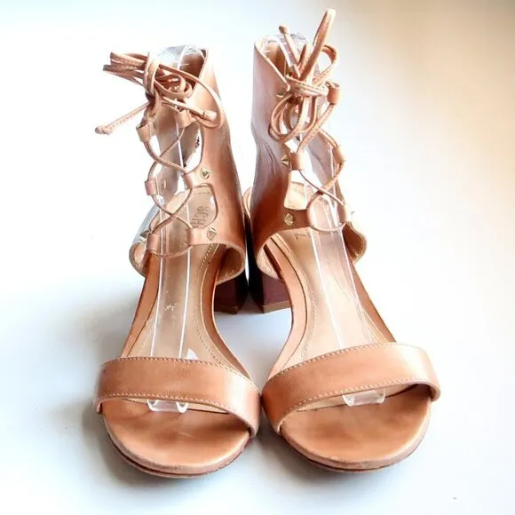 SCHUTZ Tan Leather Block Heel Open Toe Lace-up Gladiator Sandals Summer Shoes