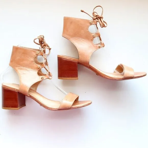 SCHUTZ Tan Leather Block Heel Open Toe Lace-up Gladiator Sandals Summer Shoes