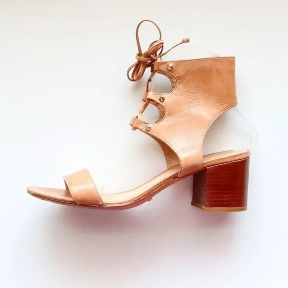 SCHUTZ Tan Leather Block Heel Open Toe Lace-up Gladiator Sandals Summer Shoes