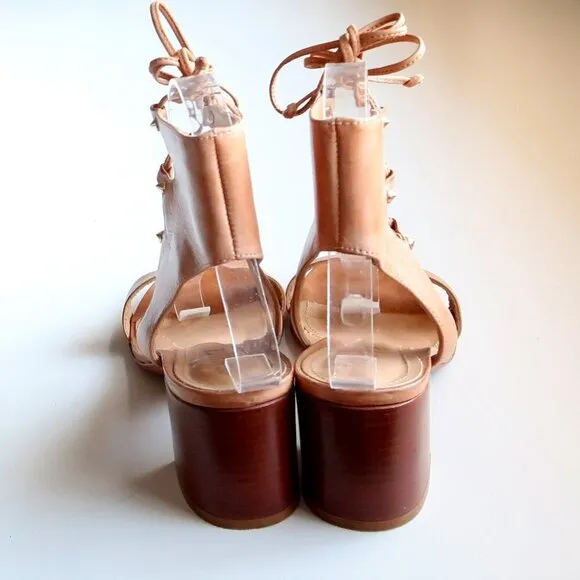 SCHUTZ Tan Leather Block Heel Open Toe Lace-up Gladiator Sandals Summer Shoes