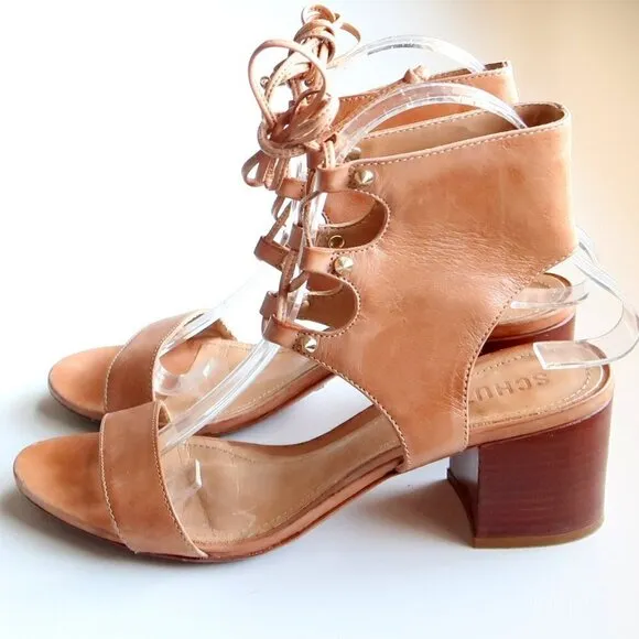 SCHUTZ Tan Leather Block Heel Open Toe Lace-up Gladiator Sandals Summer Shoes