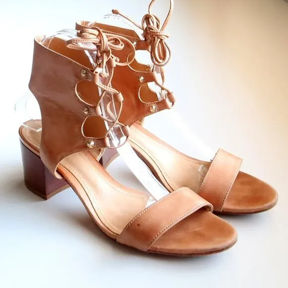 SCHUTZ Tan Leather Block Heel Open Toe Lace-up Gladiator Sandals Summer Shoes
