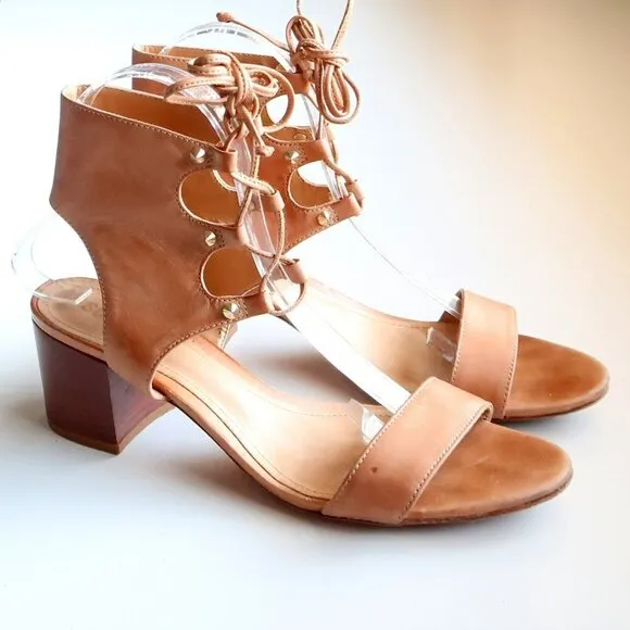 SCHUTZ Tan Leather Block Heel Open Toe Lace-up Gladiator Sandals Summer Shoes