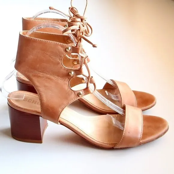SCHUTZ Tan Leather Block Heel Open Toe Lace-up Gladiator Sandals Summer Shoes