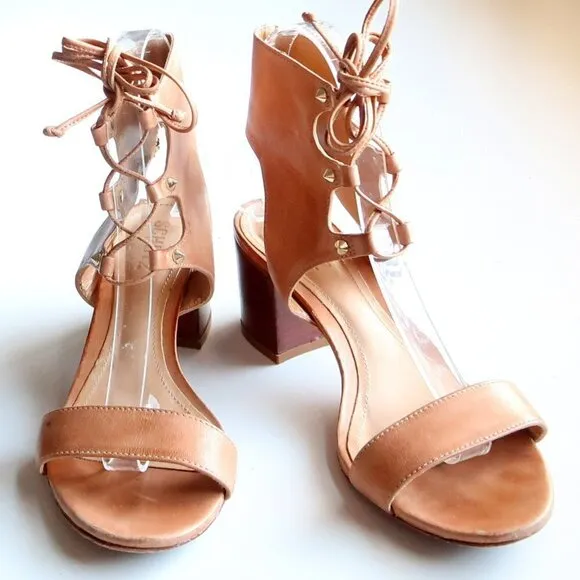 SCHUTZ Tan Leather Block Heel Open Toe Lace-up Gladiator Sandals Summer Shoes