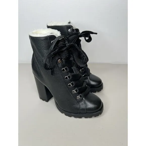 Schutz Zara Black Leather Lace Up Lug Sole Block High Heel Combat Boots Sz 7.5