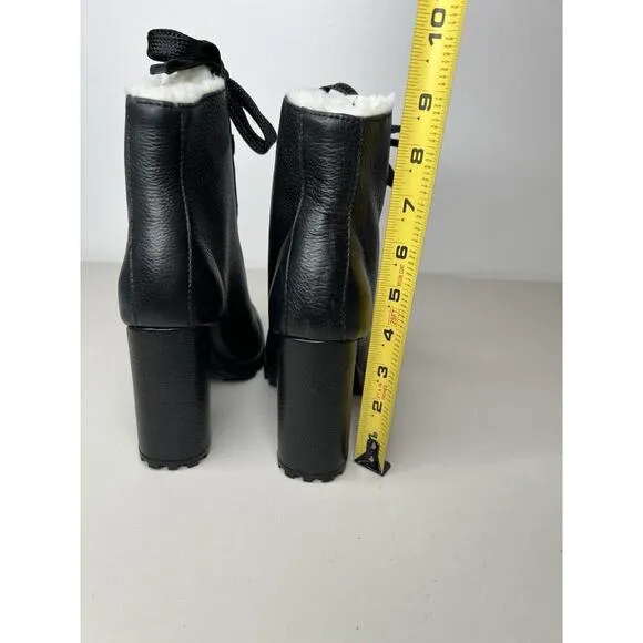 Schutz Zara Black Leather Lace Up Lug Sole Block High Heel Combat Boots Sz 7.5