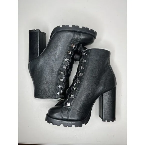 Schutz Zara Black Leather Lace Up Lug Sole Block High Heel Combat Boots Sz 7.5