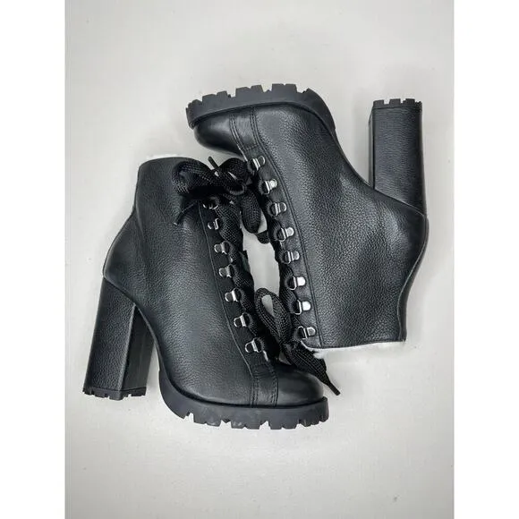 Schutz Zara Black Leather Lace Up Lug Sole Block High Heel Combat Boots Sz 7.5