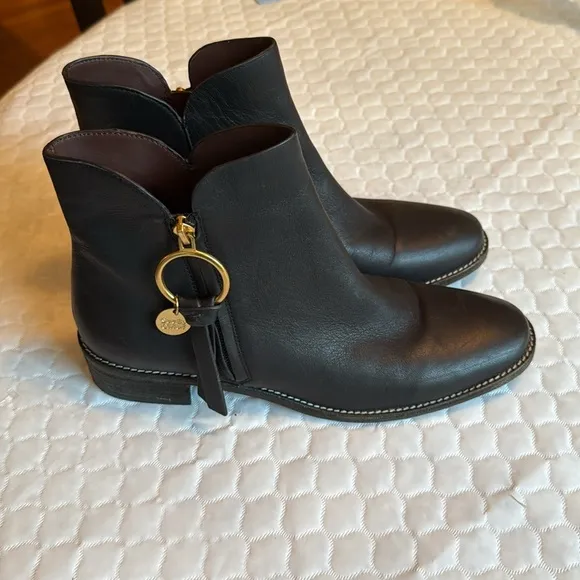 See by Chloé Louise Leather Ankle Boots Size 40 US 9 Gold Hardware