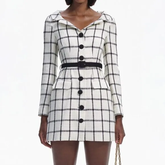 Self-Portrait CREAM CHECK TAILORED MINI DRESS SIZE 2 $555