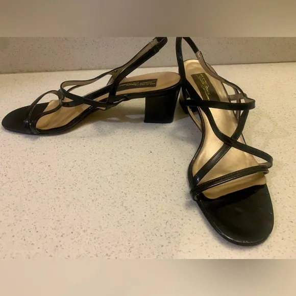 Sesto Meucci Black Patent Strappy Open Toe Vintage Sandal Block Heels Shoes 8.5