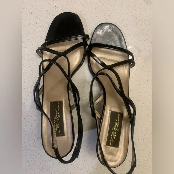 Sesto Meucci Black Patent Strappy Open Toe Vintage Sandal Block Heels Shoes 8.5