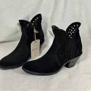 Shyanne Nicki Laser Cut Out Fringed Ankle Boot Black Suede Inside Zip Sz 9 NWT