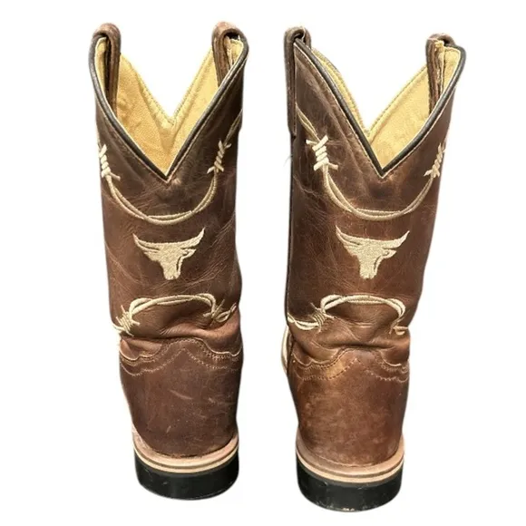 Smoky Mountain Logan Brown Western Cowboy Boots Bull Head, Size 5.5. Preowned