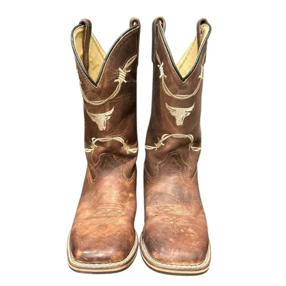 Smoky Mountain Logan Brown Western Cowboy Boots Bull Head, Size 5.5. Preowned