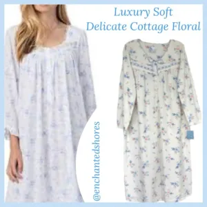 Soft Warm Fleece Nightgown Cottagecore Flowers Long Sleeve Blue Pink Size Large
