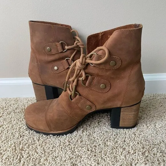 Sorel Addington Chelsea Lace Up Ankle Boots Elk Tan Brown Leather 9 waterproof