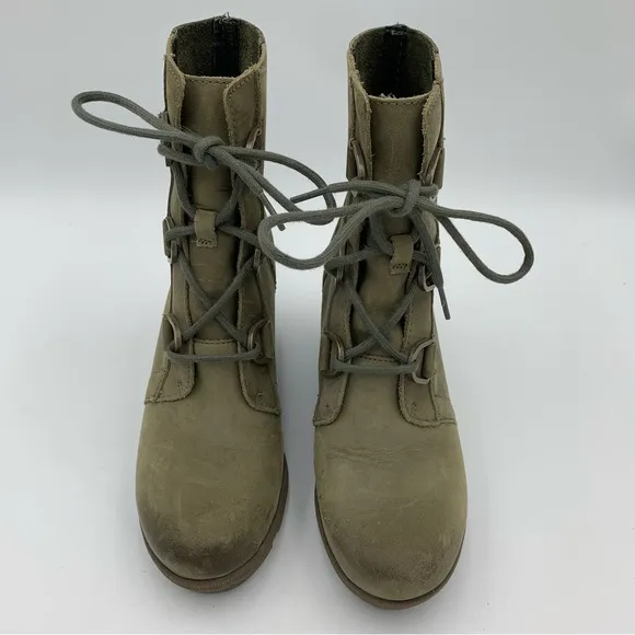 Sorel Joan of Arctic Wedge II Boot Women 7 Green Leather Olive Green Lace Up EUC