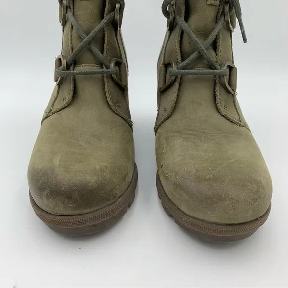 Sorel Joan of Arctic Wedge II Boot Women 7 Green Leather Olive Green Lace Up EUC