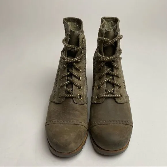 Sorel PDX Wedge Lace Up Peatmoss Green Leather Lexie Wedge boots 8