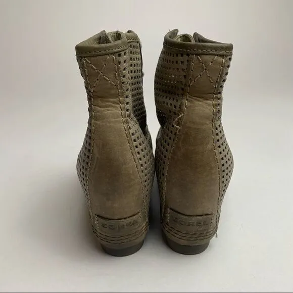 Sorel PDX Wedge Lace Up Peatmoss Green Leather Lexie Wedge boots 8