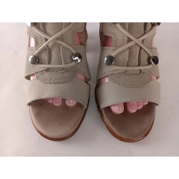 Sorel Sandals Womens 7.5  Lace Up Block Heels  Beige Open Toe Leather / Suede