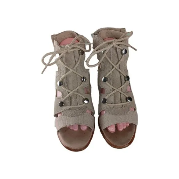 Sorel Sandals Womens 7.5  Lace Up Block Heels  Beige Open Toe Leather / Suede