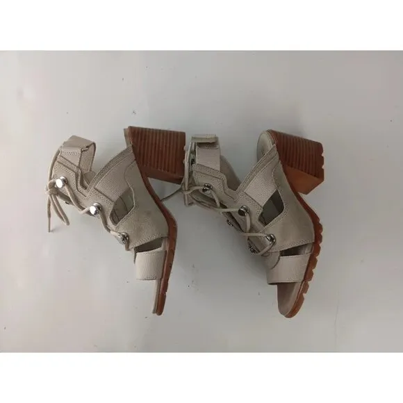 Sorel Sandals Womens 7.5  Lace Up Block Heels  Beige Open Toe Leather / Suede