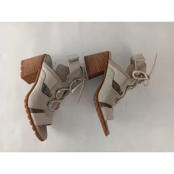Sorel Sandals Womens 7.5  Lace Up Block Heels  Beige Open Toe Leather / Suede