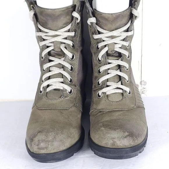Sorel Womens Lexie US7 Gray Distressed Leather Canvas Lace Up Wedge Ankle Boots