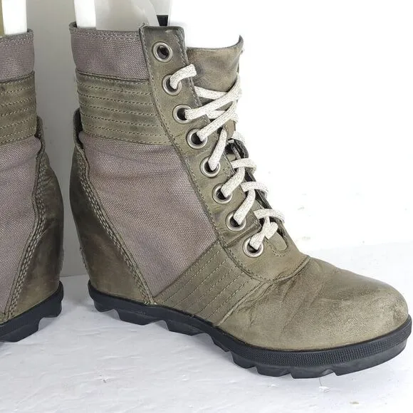 Sorel Womens Lexie US7 Gray Distressed Leather Canvas Lace Up Wedge Ankle Boots