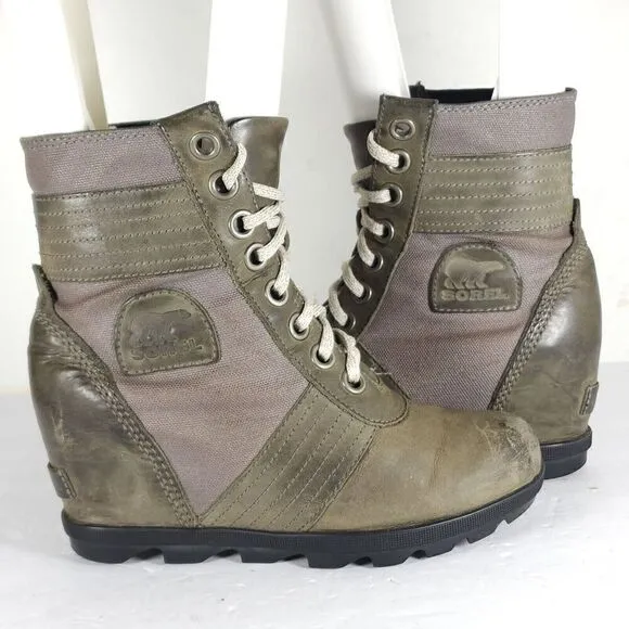 Sorel Womens Lexie US7 Gray Distressed Leather Canvas Lace Up Wedge Ankle Boots