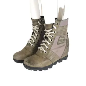 Sorel Womens Lexie US7 Gray Distressed Leather Canvas Lace Up Wedge Ankle Boots