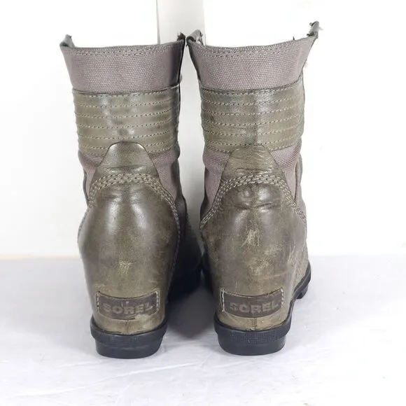 Sorel Womens Lexie US7 Gray Distressed Leather Canvas Lace Up Wedge Ankle Boots