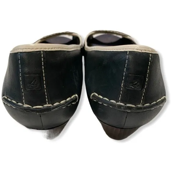 Sperry blue and white wedge peek toe shoes