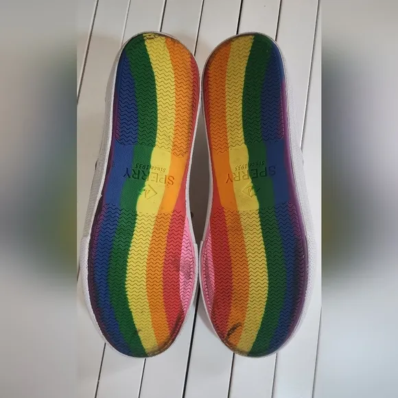 Sperry Shoes Rainbow Bottoms Peace Love LBGTQ White Pride. Size:10.5