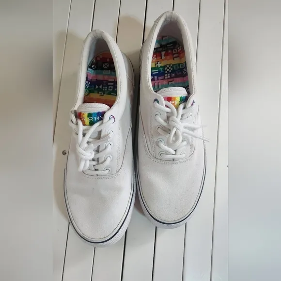 Sperry Shoes Rainbow Bottoms Peace Love LBGTQ White Pride. Size:10.5