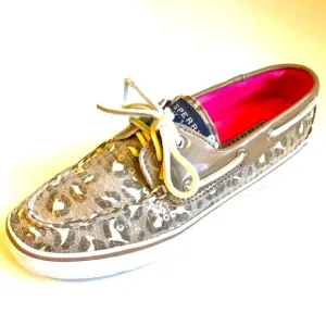 SPERRY Top Sider Bahama Grey Leopard Sequin Boat Shoe Flat Heel Sneaker 7