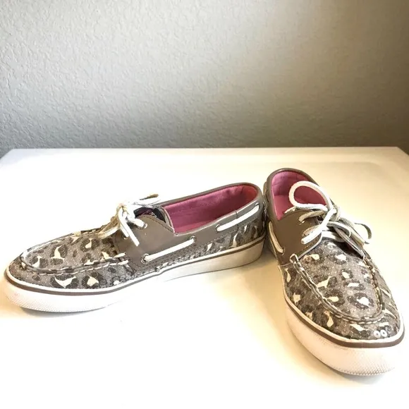 SPERRY Top Sider Bahama Grey Leopard Sequin Boat Shoe Flat Heel Sneaker 7