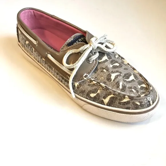 SPERRY Top Sider Bahama Grey Leopard Sequin Boat Shoe Flat Heel Sneaker 7