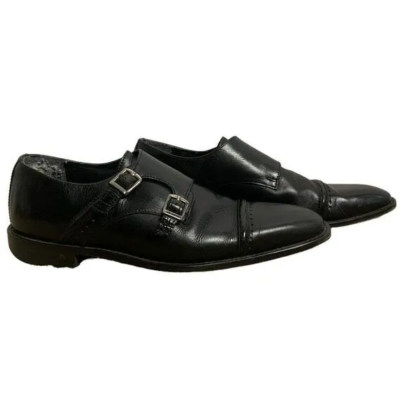 Stacy Adams Leather Double Monk Strap Shoes 9.5 Black Cap Toe Silver Buckles