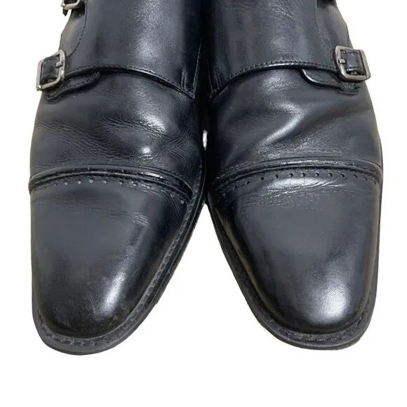 Stacy Adams Leather Double Monk Strap Shoes 9.5 Black Cap Toe Silver Buckles