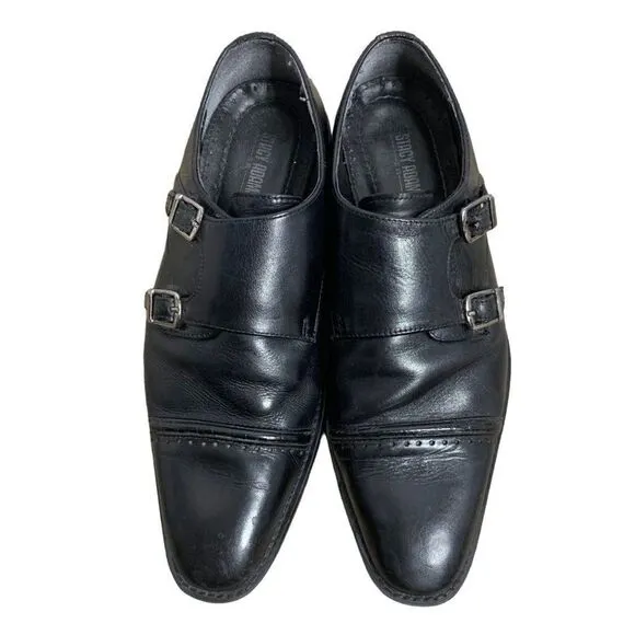 Stacy Adams Leather Double Monk Strap Shoes 9.5 Black Cap Toe Silver Buckles