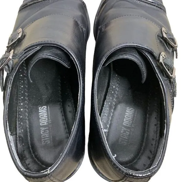 Stacy Adams Leather Double Monk Strap Shoes 9.5 Black Cap Toe Silver Buckles