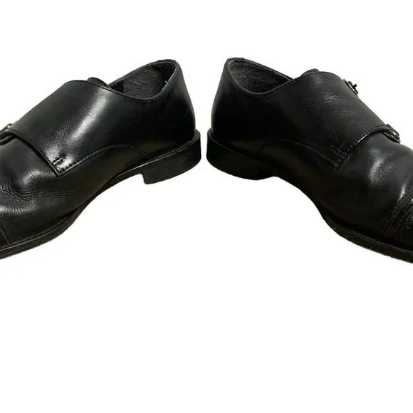 Stacy Adams Leather Double Monk Strap Shoes 9.5 Black Cap Toe Silver Buckles