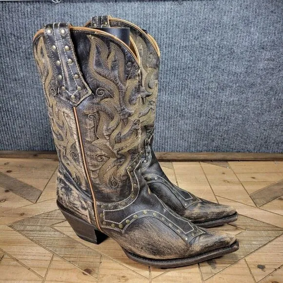 Stetson Women's 8.5 Black Brown Leather Studded Distressed Western Boots