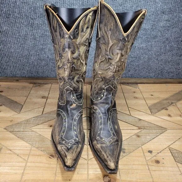 Stetson Women's 8.5 Black Brown Leather Studded Distressed Western Boots