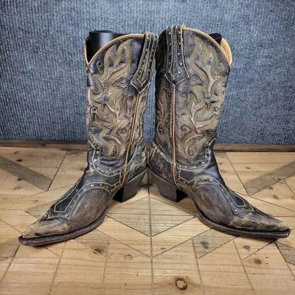 Stetson Women's 8.5 Black Brown Leather Studded Distressed Western Boots